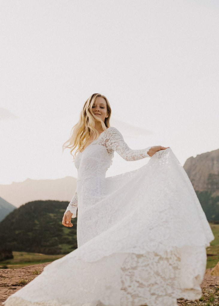 Bride wearing Indigo Dress in Glacier National Park