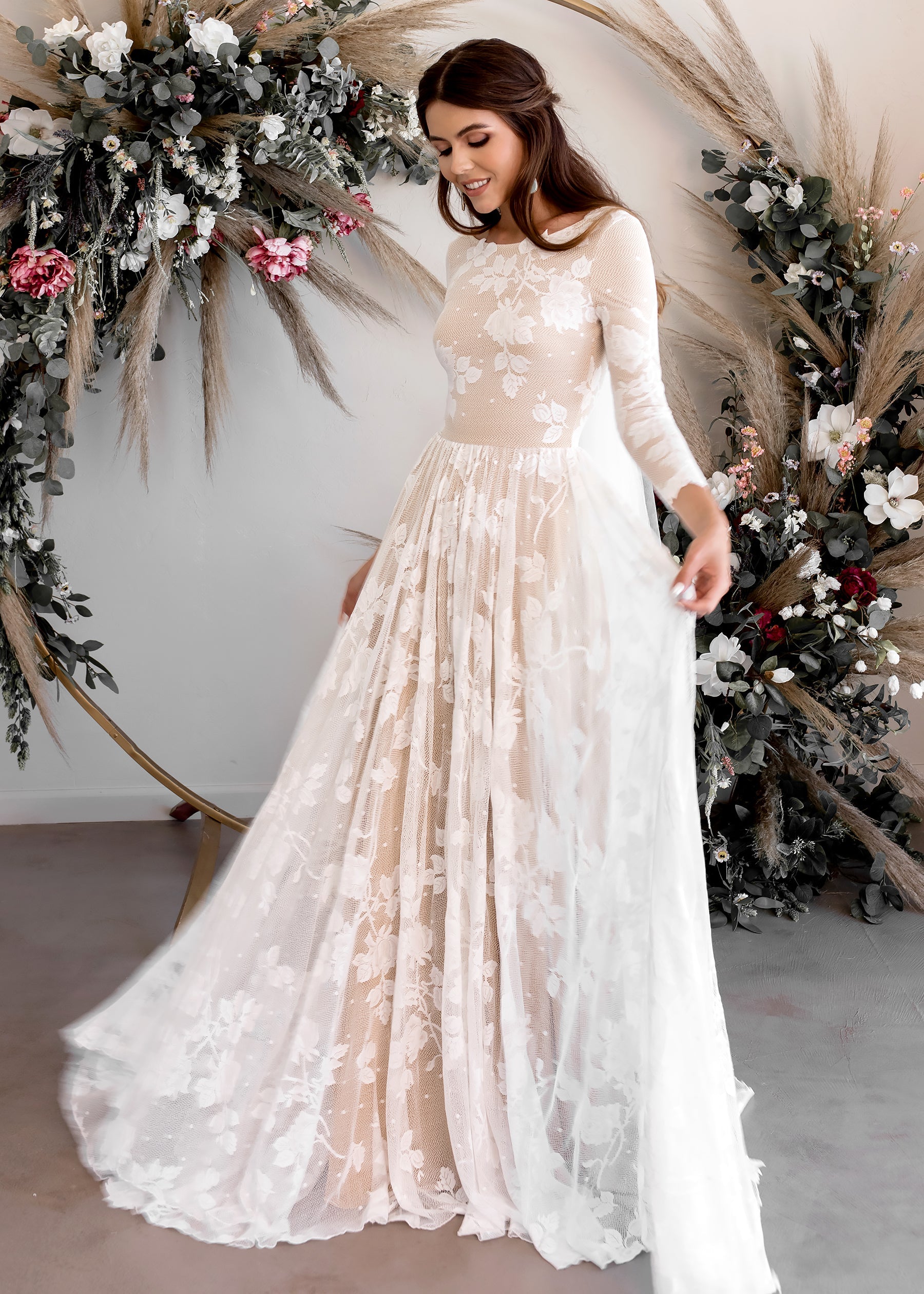 long sleeve lace open back wedding dress Lace Long Sleeves Boho Wedding Dresses With Open Back