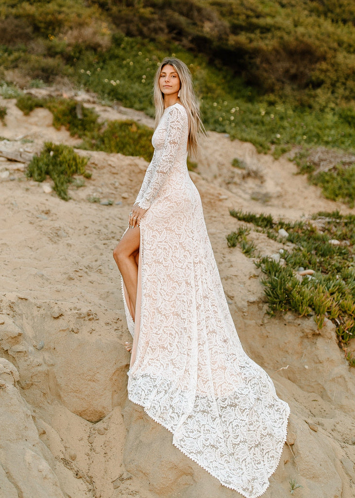 Lace Boho Halter Bridal Gown for Beach Wedding
