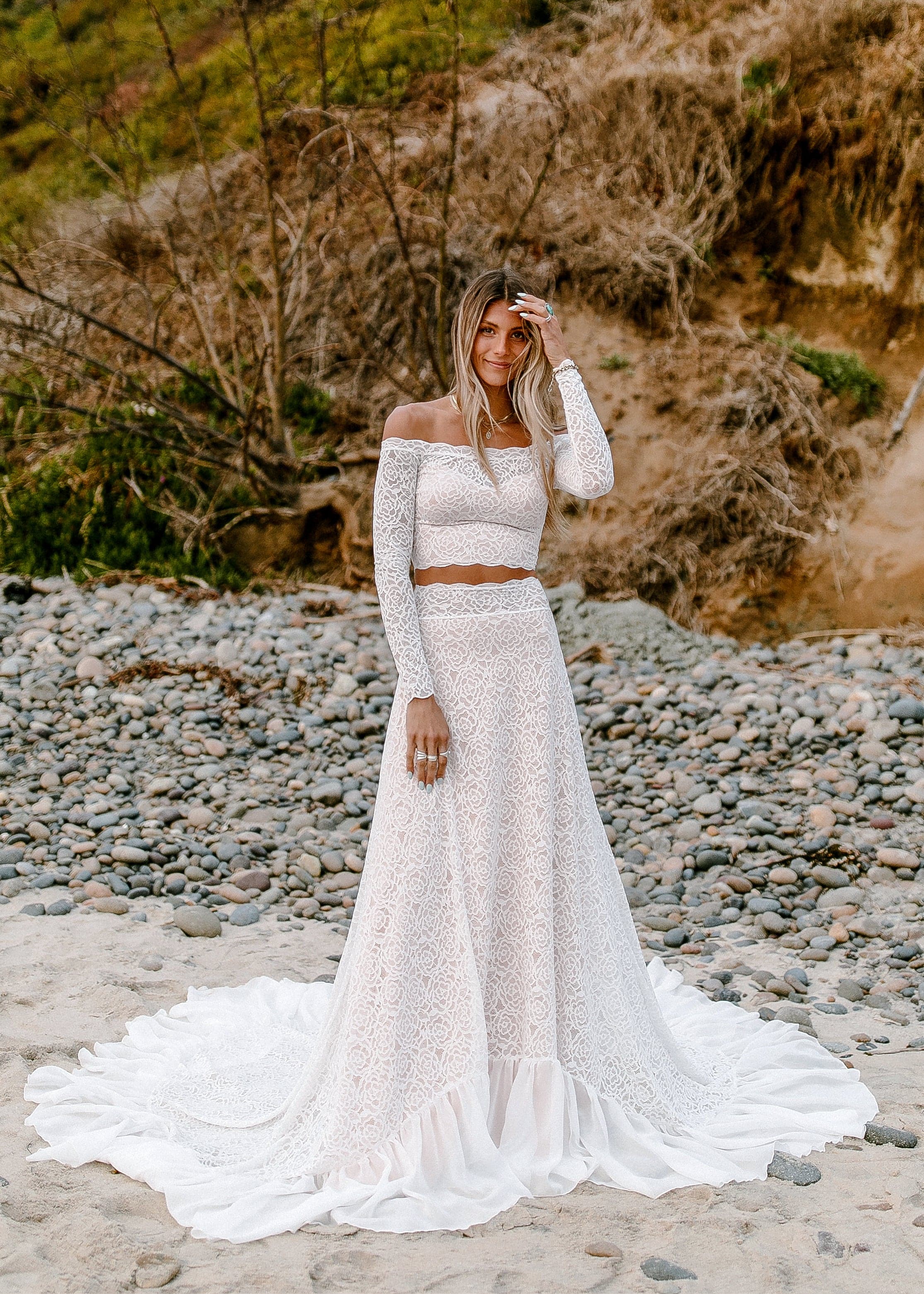 Boho Lace Two Piece Boho Lace Wedding Dress With Crop Top And