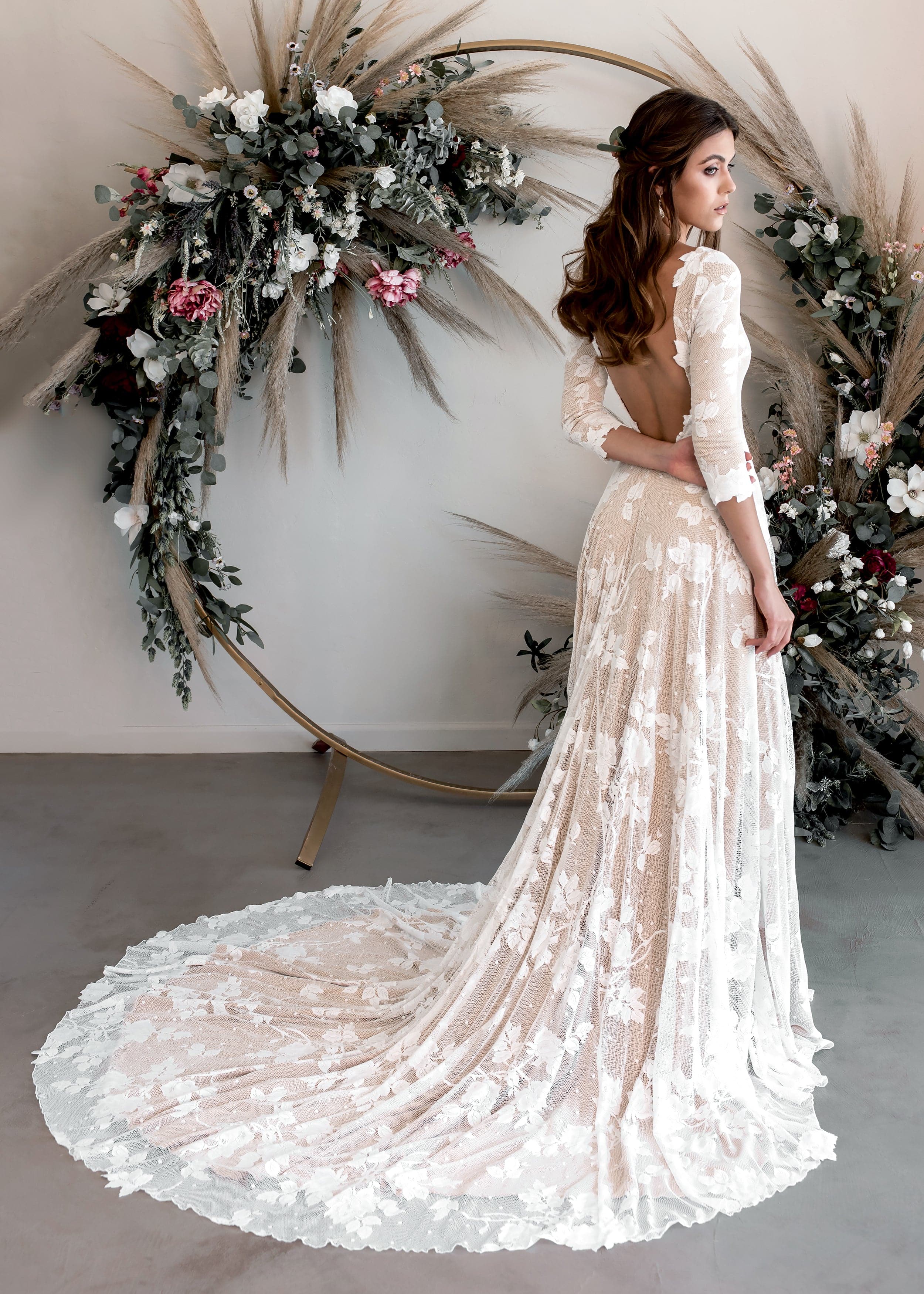 Nevaeh Dress Court Train (16-inches) / Open V Back / 3/4 Sleeve Nevaeh Dress Court Train (16-inches) / Open V Back / 3/4 Sleeve
