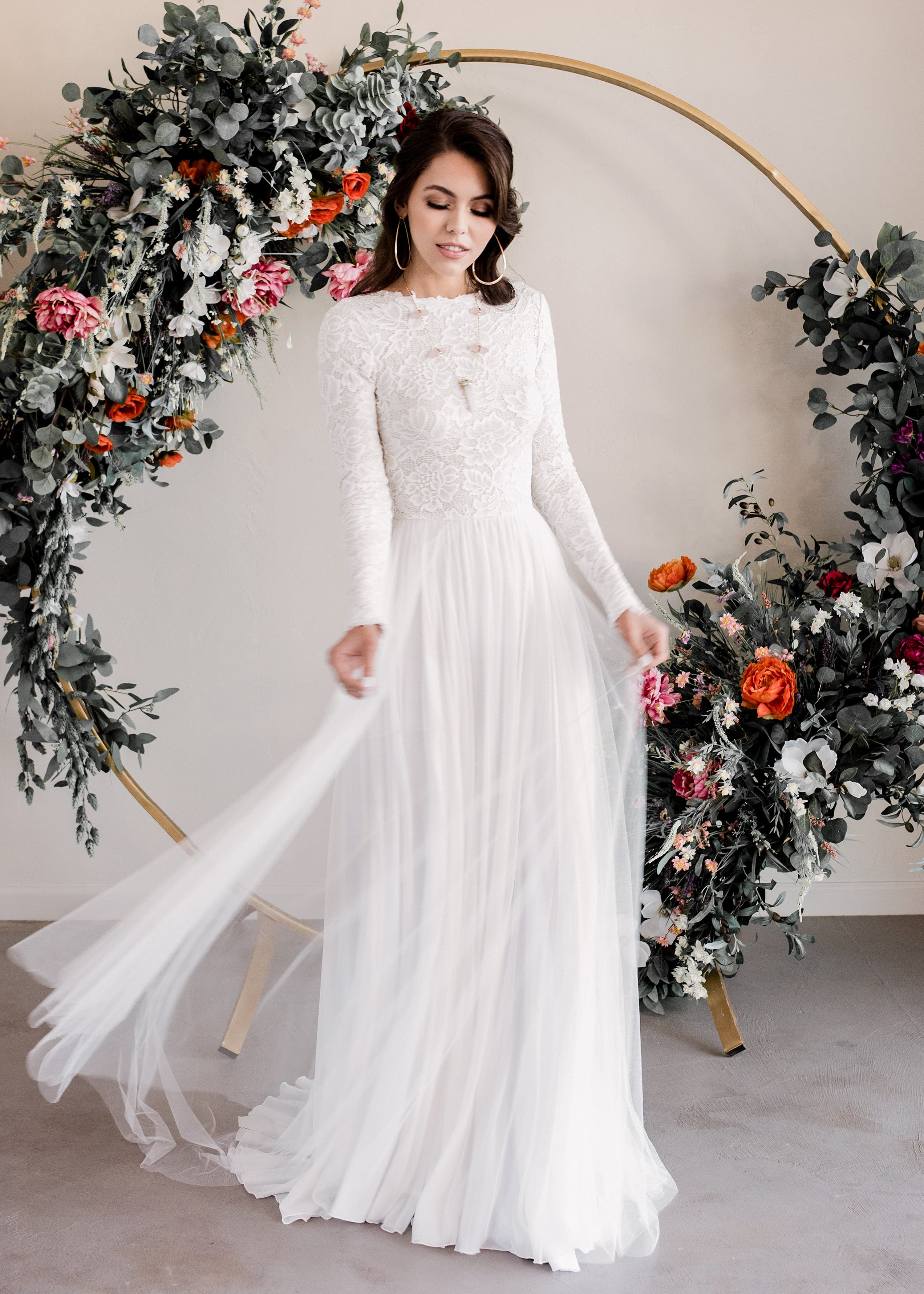 Zoey Scoop Back Dress | Romantic Long Sleeve Gown Court (16-inch) Zoey Scoop Back Dress | Romantic Long Sleeve Gown Court (16-inch)