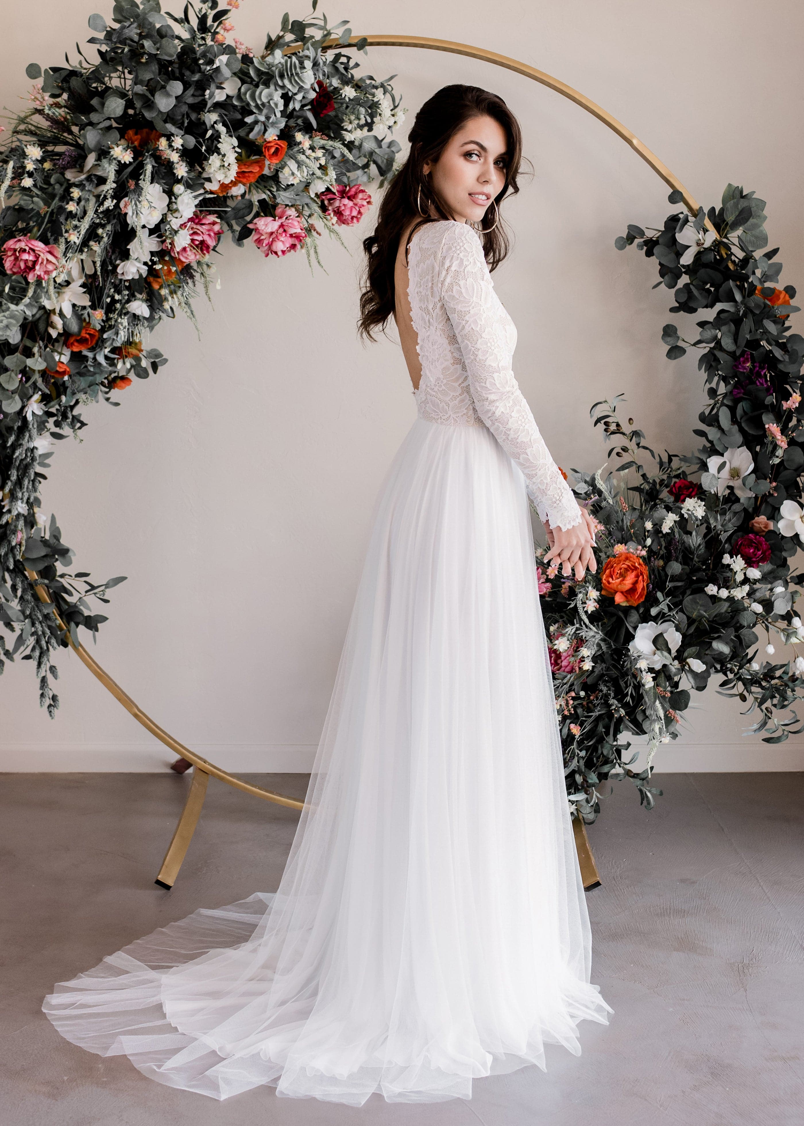 Zoey Scoop Back Dress | Romantic Long Sleeve Gown Court (16-inch) Zoey Scoop Back Dress | Romantic Long Sleeve Gown Court (16-inch)