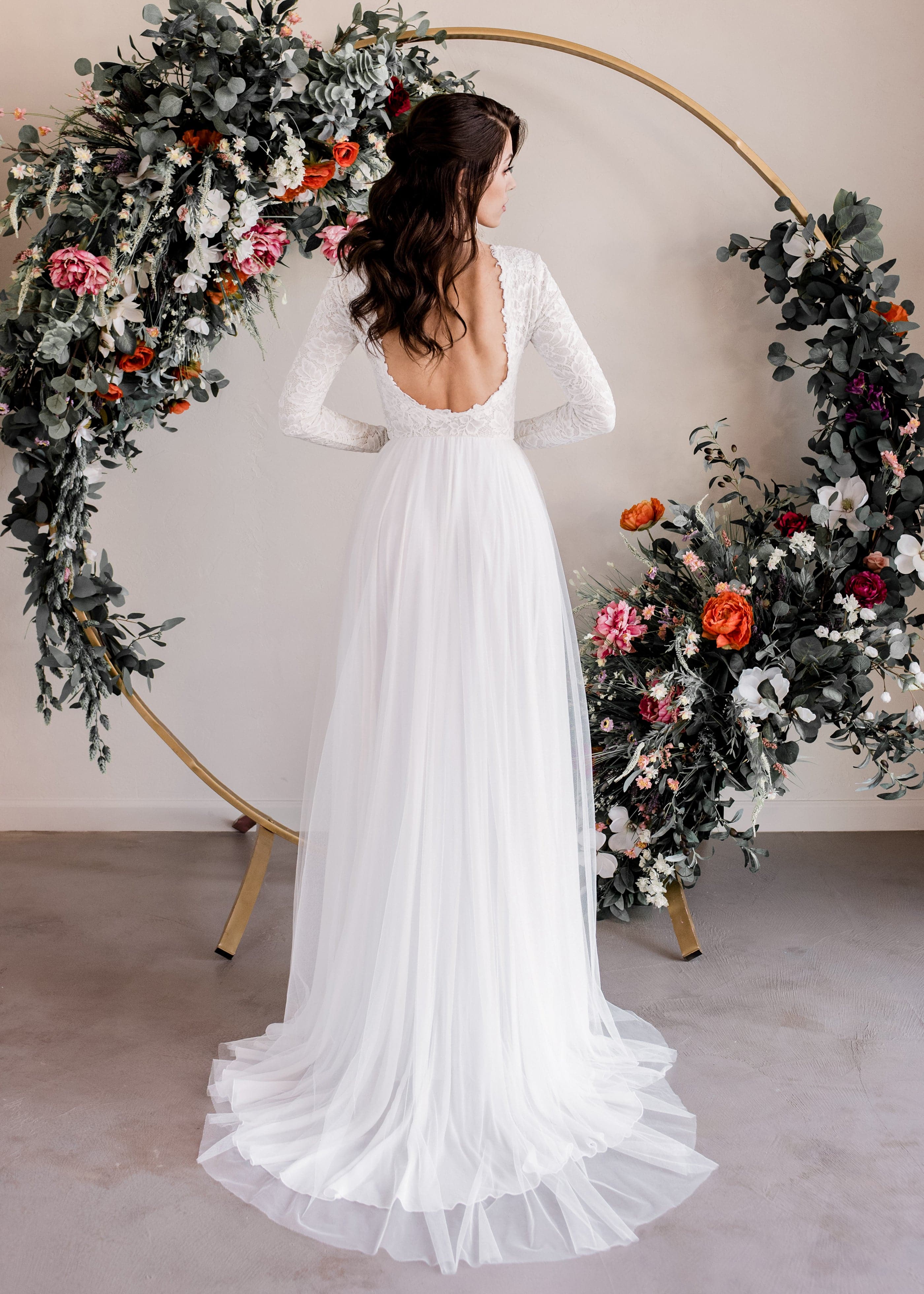 Zoey Scoop Back Dress | Romantic Long Sleeve Gown Court (16-inch) Zoey Scoop Back Dress | Romantic Long Sleeve Gown Court (16-inch)