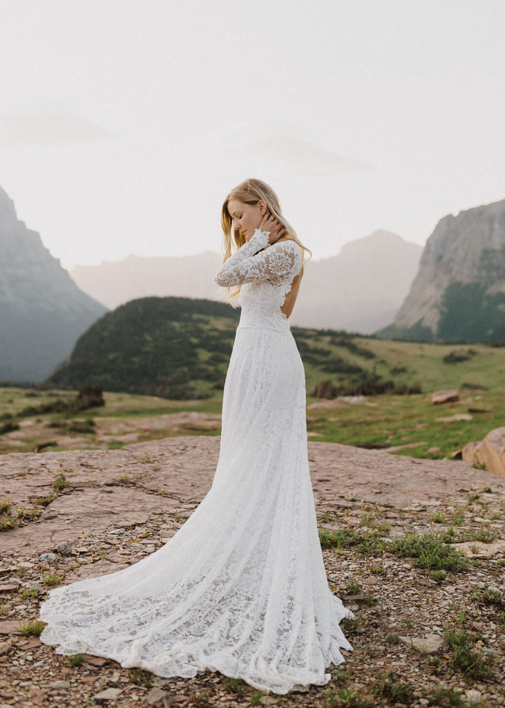 Bride in Glacier National Park wearing Indigo Dress