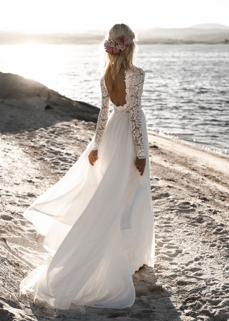 V Neck Backless A Line Long Sleeve Bridal Dress With Sheer Lace