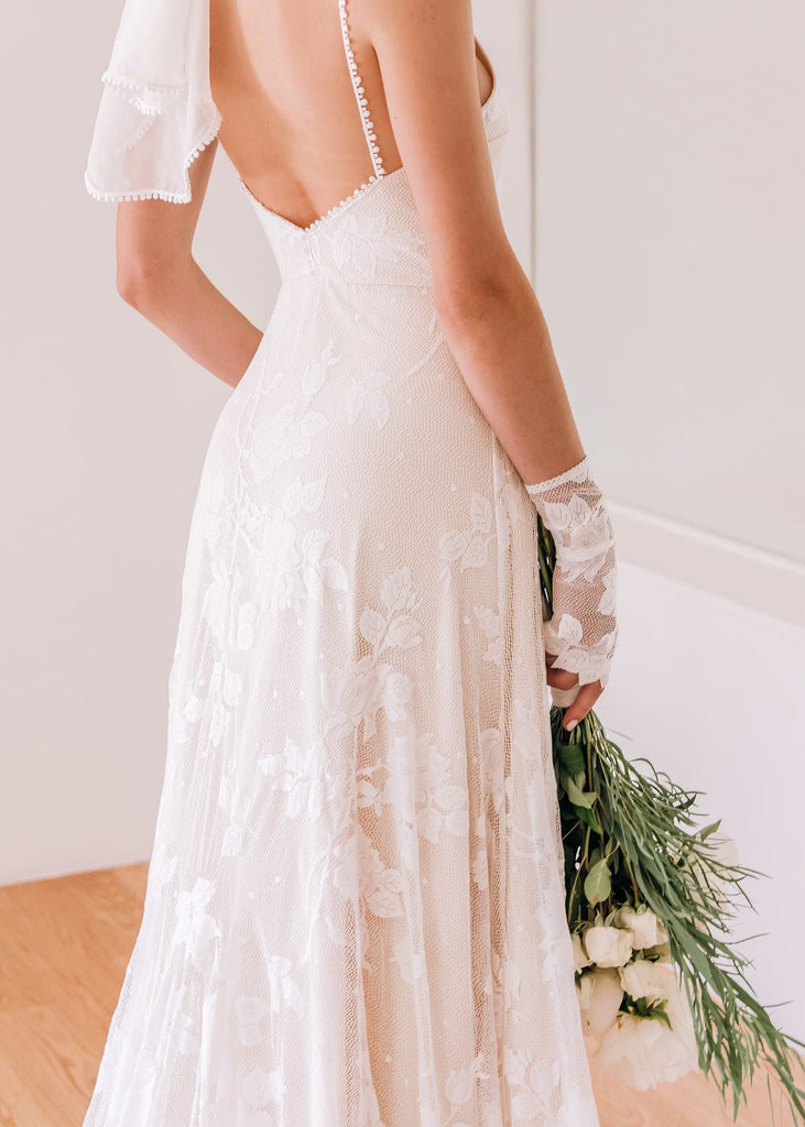 Rear closeup of Lilith Dress on bride