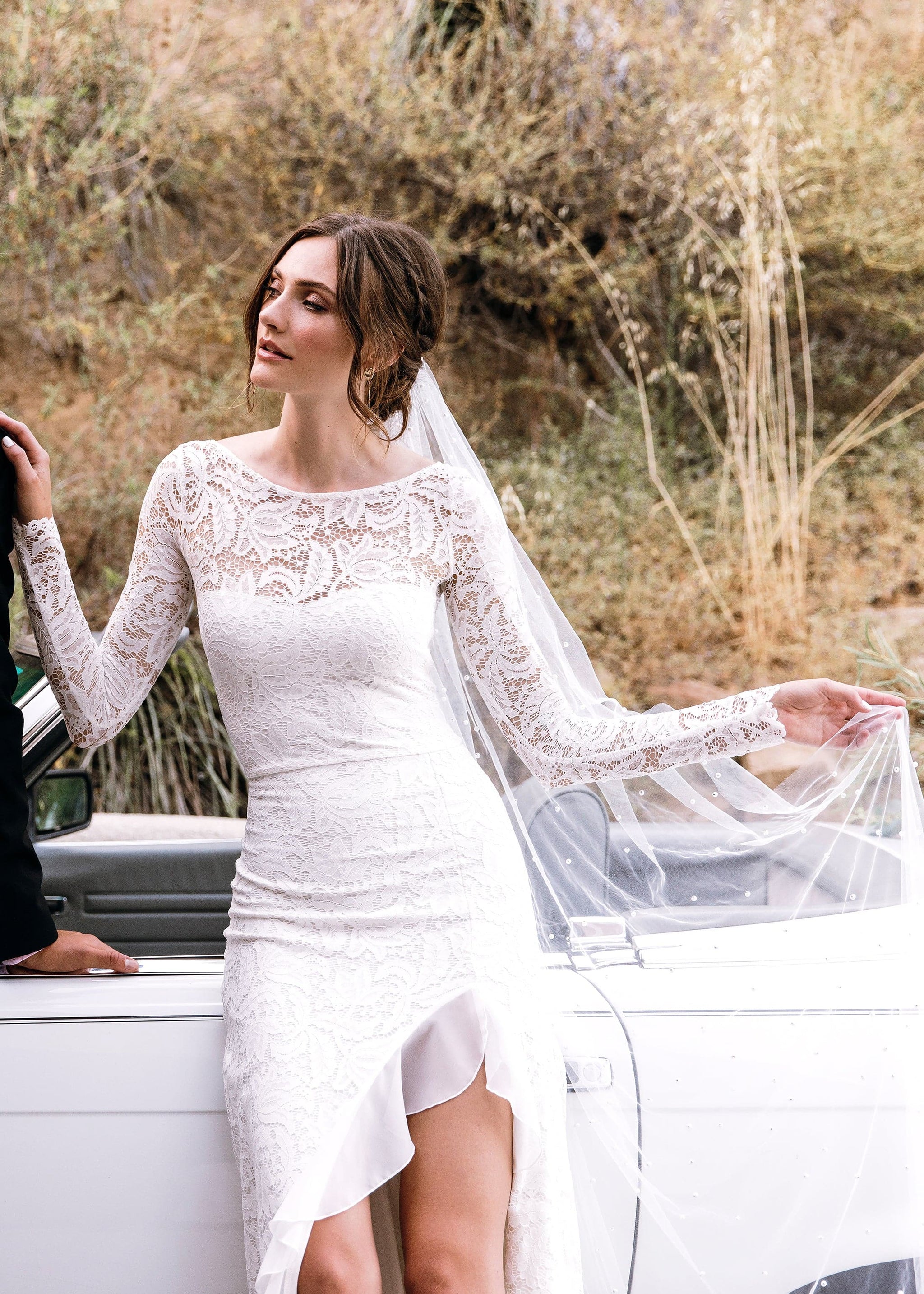 Sasha Dress - BACKLESS LONG SLEEVE ILLUSION LACE WEDDING DRESS WITH SKIRT  SPLIT